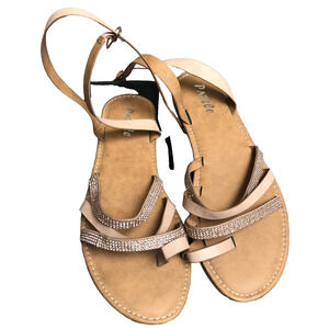 Dazzle Tan Rose Gold Rhinestone Cross Strap Toe Loop Sandal Size 8.5